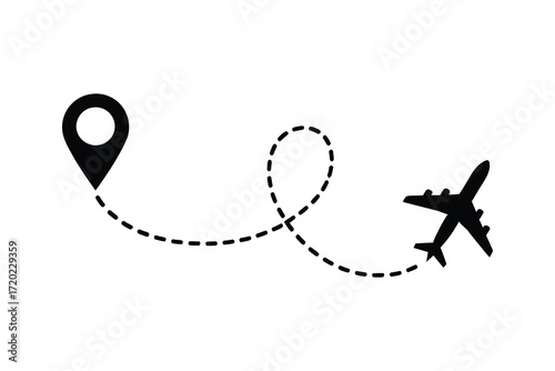 Airplane travel path from location marker to destination