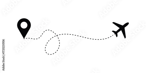 Airplane travel route silhouette with location pin and dashed line
