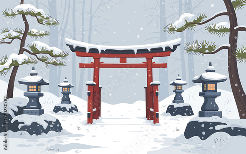 Serene japanese winter scene with snow covered torii gate and lanterns traditional culture