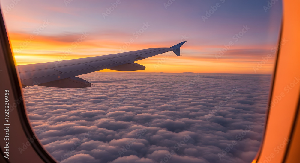 Obraz premium Breathtaking sunset view from airplane window over fluffy clouds, inspiring travel adventure