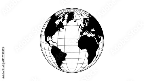 Minimalist monochrome globe showing continents and oceans abstract artistic representation global earth