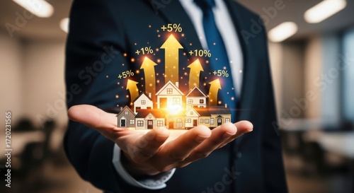 Vector art of real estate investment growth concept with houses and upward arrows