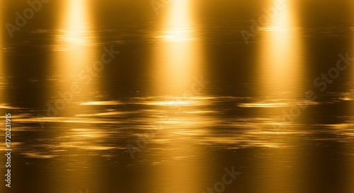 Golden Brushed Metal Background with Luminous Light Beams and Reflections