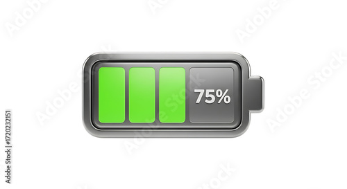 Battery icon charging indicator power level seventy five percent full energy cell phone device transparent background