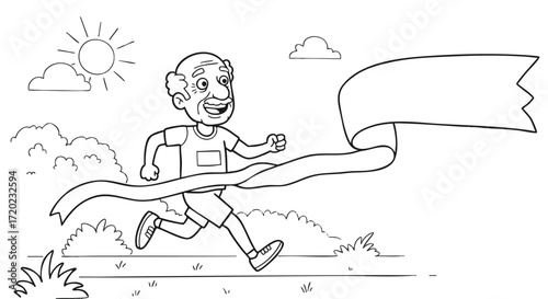 Energetic senior man triumphantly crosses the finish line in a vibrant monochrome illustration, embodying determination, healthy aging, and the joy of completing a race against all odds