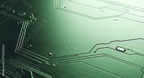 Close-up of Green Brushed Metal Surface with Futuristic Circuit Traces