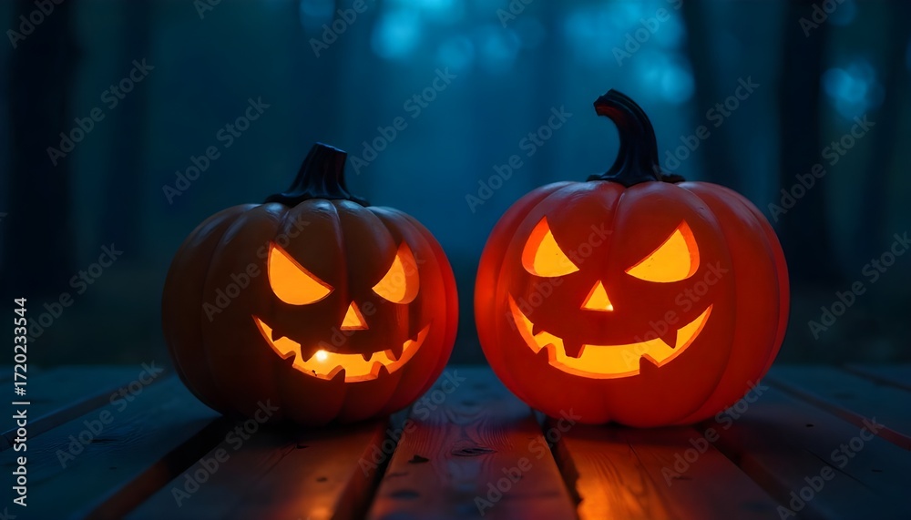Fototapeta premium Glowing Jack O'Lanterns Outdoors At Night For Halloween Decoration On Wooden Table