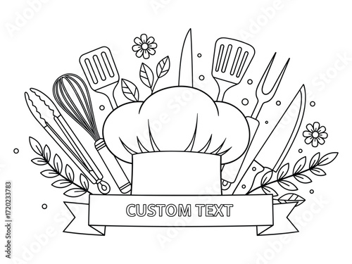 Chef Hat with Kitchen Tools and Floral Elements Line Art for Logo or Label Design