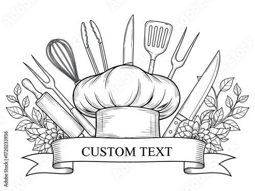 Chef Hat with Kitchen Tools and Floral Elements Line Art for Logo or Label Design