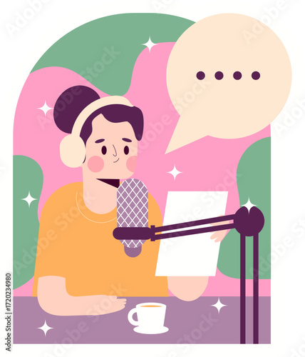 Cartoon Woman with Headphones Microphone and Speech Bubble Recording Podcast.