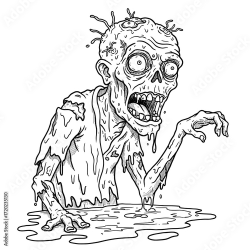 Scary zombie character emerging from puddle in Halloween theme  