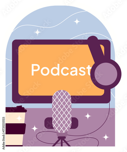 Modern Podcast Setup with Microphone Headphones and Monitor.
