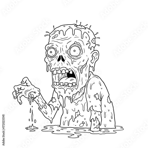 Cartoon zombie character emerging from goo on white background concept of halloween  