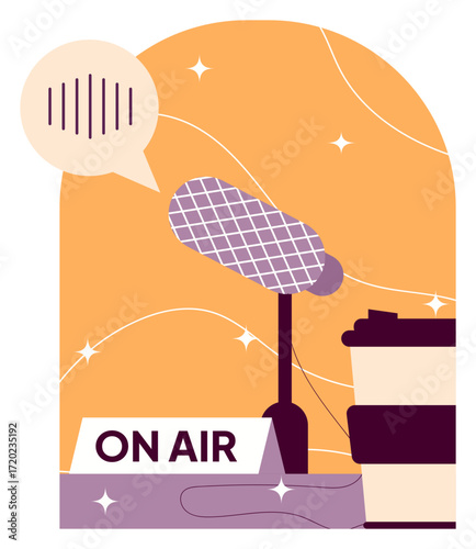 Vintage Microphone with On Air Sign and Coffee Cup.