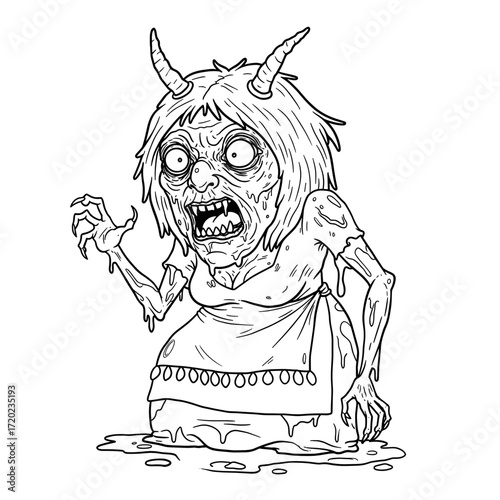 Baba Yaga with horns and disheveled hair in horror scene concept of halloween  