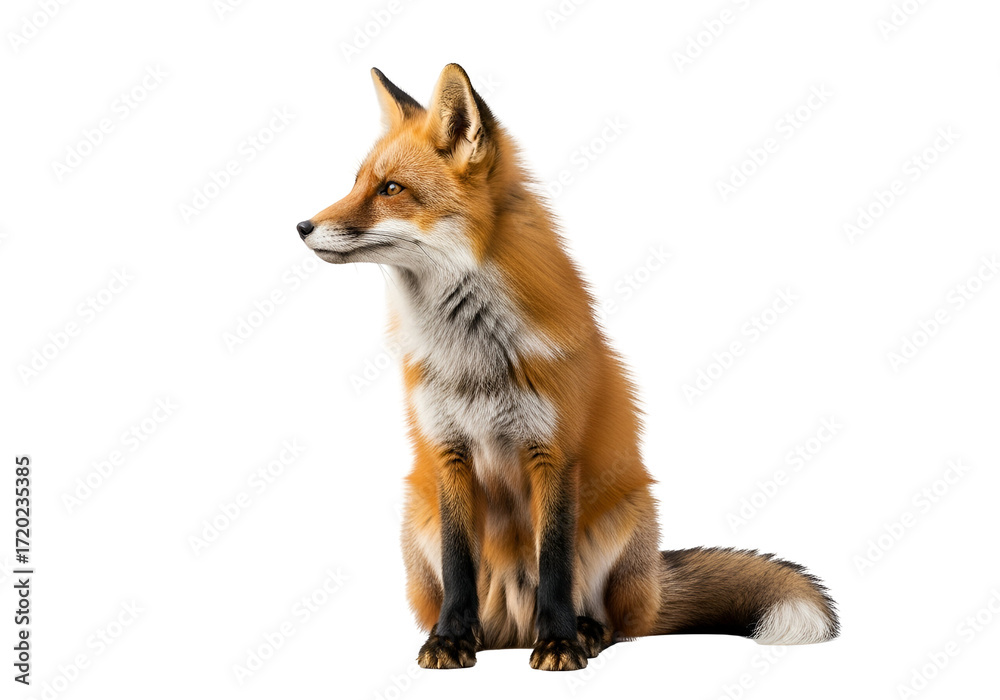 Fototapeta premium A captivating red fox, angled profile, sits against a stark black background, showcasing its rich fur and attentive gaze.