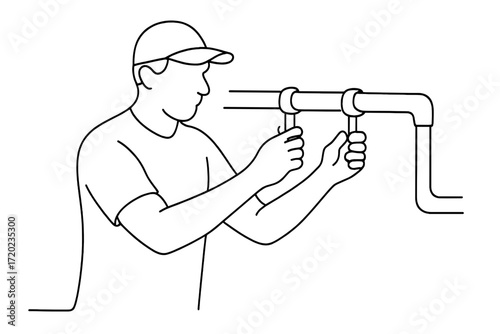 Man securing water pipe with clamps in outline illustration style  