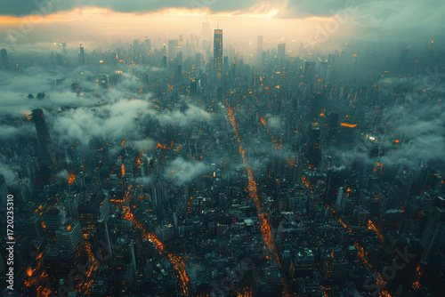 Cityscape surrounded by dense fog in the sky.