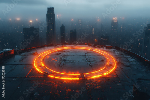 Circle of fire on building roof.