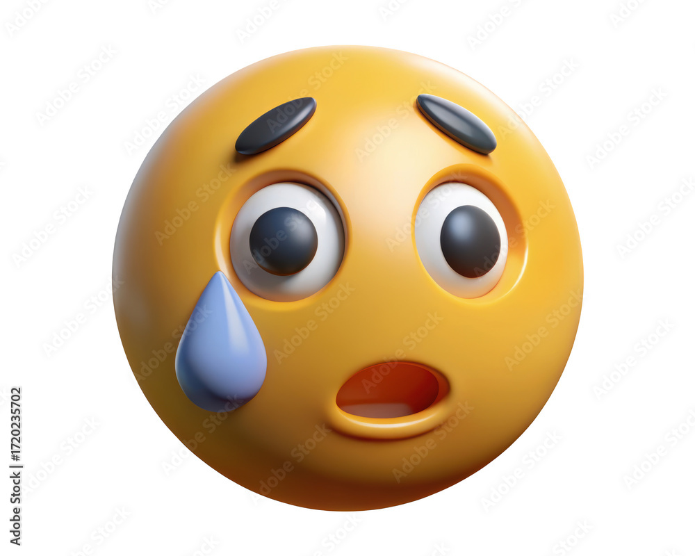 Fototapeta premium Crying sad emoji face yellow emoticon with tear of emotion expressing grief frustration and sorrow 3d illustration isolated on transparent background