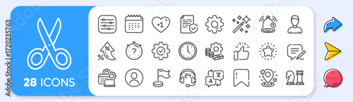 Business line icons. Interest rate, AI generate, Inflation icons. Language translate, Chess strategy and Notice alert set. Profile headshot, location place and annual calendar line icons. Vector