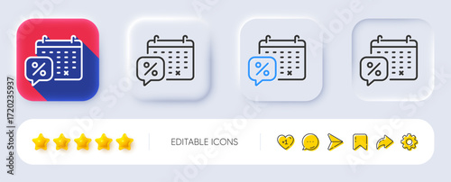 Discounts calendar line icon. Neumorphic, Flat shadow, 3d buttons. Sale offer sign. Promotion price symbol. Line discounts calendar icon. Social media icons. Vector