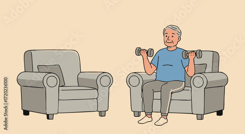 Elderly Man Actively Exercises at Home with Dumbbells while Seated in an Armchair, Promoting Healthy Aging, Physical Fitness, and Independent Living