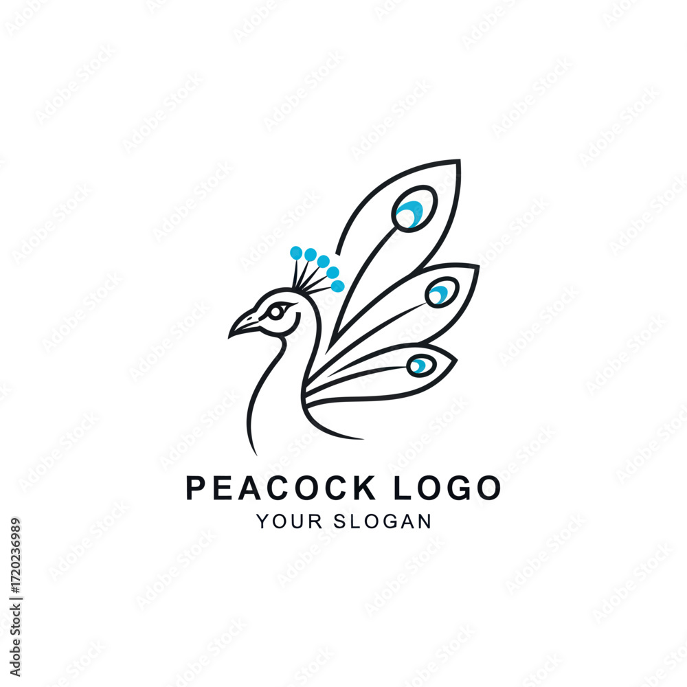 Fototapeta premium Elegant line art logo featuring a stylized peacock with fanned tail feathers and a decorative crown, suitable for branding.