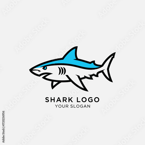 A stylized, minimalist blue and white shark logo with bold black outlines, designed for branding and identification purposes.
