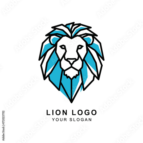 Geometric lion head logo design with blue accents and text "LION LOGO YOUR SLOGAN".