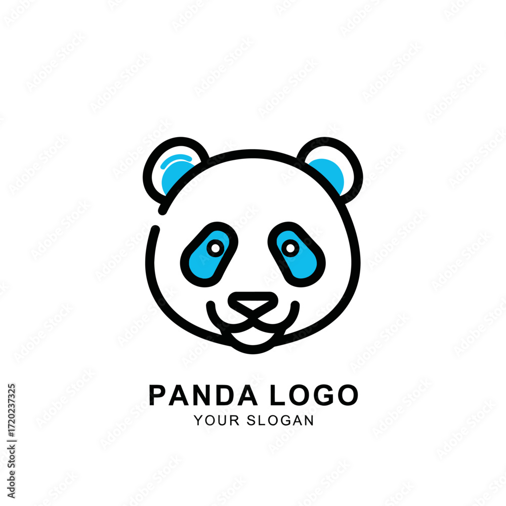 Fototapeta premium A cute and simple panda head logo with black outlines and bright blue accents, presented as a customizable template.