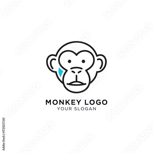 A modern, minimalist logo template featuring a stylized monkey head in a clean line art style with a blue accent and sample text.