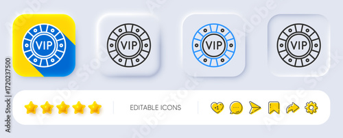 Vip poker chip line icon. Neumorphic, Flat shadow, 3d buttons. Very important person casino sign. Member club privilege symbol. Line vip chip icon. Social media icons. Vector