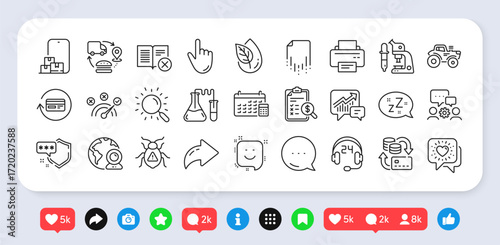 Calendar, Friends chat and Software bug line icons pack. Social media: share, comment, like icons. Consulting, Correct answer, Cursor web icon. Supply chain, Smile, Recovery file pictogram. Vector