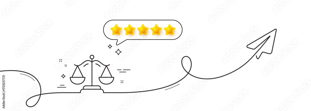 Obraz premium Justice scales line icon. Continuous line with share plane. Judgement scale sign. Legal law symbol. Five star rate review in speech bubble. Justice scales single line ribbon. Vector