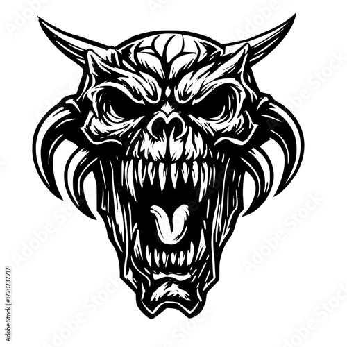 Intense horned demon head with sharp teeth and open mouth, perfect for Halloween designs, dark fantasy art, or edgy tattoo inspiration, originally vector art