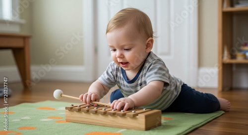 Adorable baby joyfully plays wooden xylophone soft natural light. AI Generated
