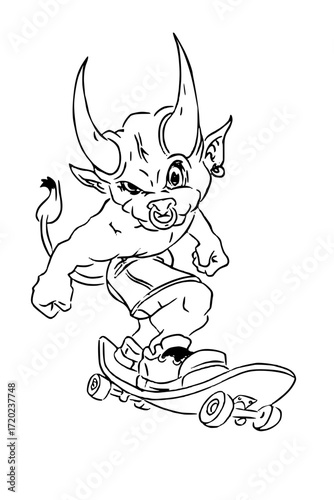 Bold cartoon minotaur shredding on a skateboard with attitude, a fun edgy design for stickers, apparel, and creative projects, vector illustration