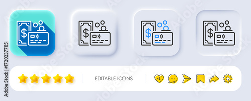 Credit card line icon. Neumorphic, Flat shadow, 3d buttons. Bank money payment sign. Non-cash coin pay symbol. Line card icon. Social media icons. Vector