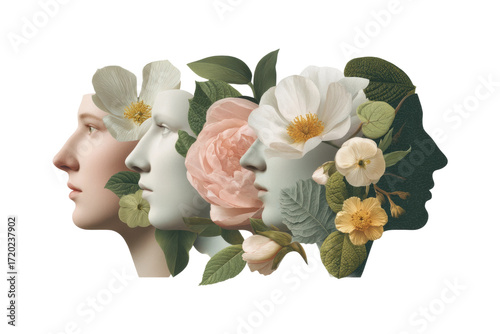 Abstract floral head sculptures with human profiles and blooming flowers, cut out