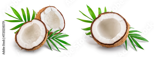 half of coconut with leaves isolated on white background