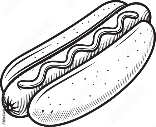 Hot-dog Fast Food Hand-drawn Vector Illustration, Sketch Drawing Doodle Line Linear Symbol Icon Engraving Coloring Book, Black and White Isolated