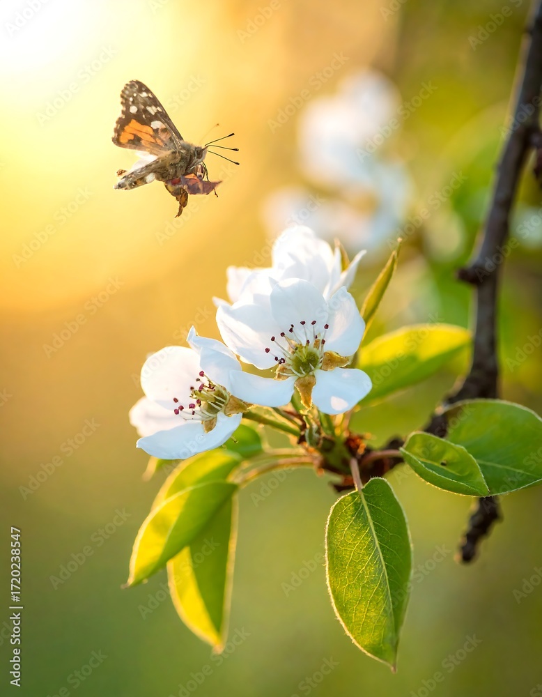 Fototapeta premium A butterfly near pear blossoms