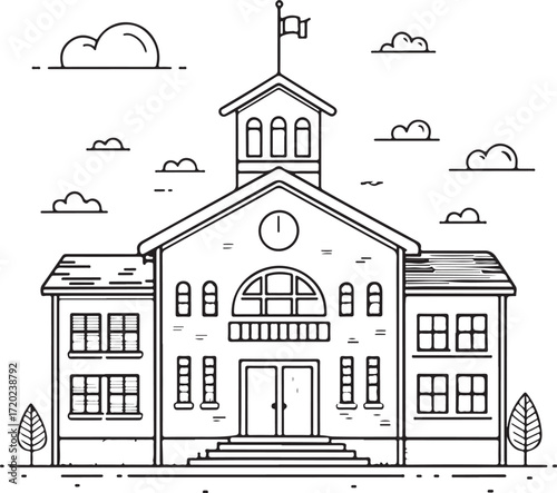 School building Hand-drawn Vector Illustration, Sketch Drawing Doodle Line Linear Symbol Icon Engraving Coloring Book, Black and White Isolated