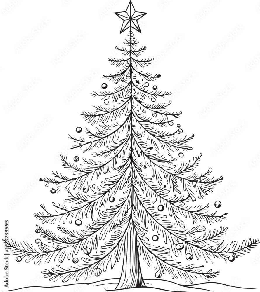 Obraz premium Christmas Tree Hand-drawn Vector Illustration, Sketch Drawing Doodle Line Linear Symbol Icon Engraving Coloring Book, Black and White Isolated