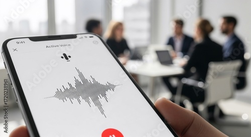 Man using phone with voice recorder app. Concept of audio recording, meeting memo, or voice message technology.