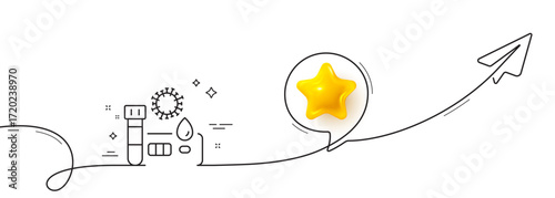 Covid test line icon. Continuous line with share plane. Coronavirus testing sign. Blood test tube symbol. 3d star in speech bubble. Covid test single line ribbon. Loop curve pattern. Vector