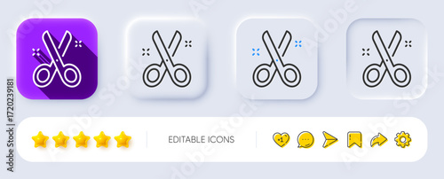 Cut line icon. Neumorphic, Flat shadow, 3d buttons. Tailor, hairdresser or barber scissors sign. Shears symbol. Line cut icon. Social media icons. Vector