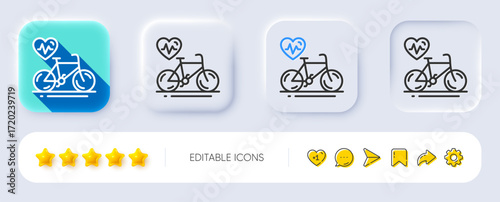 Cardio bike training line icon. Neumorphic, Flat shadow, 3d buttons. Bicycle exercise sign. Gym fit heartbeat symbol. Line cardio bike icon. Social media icons. Vector