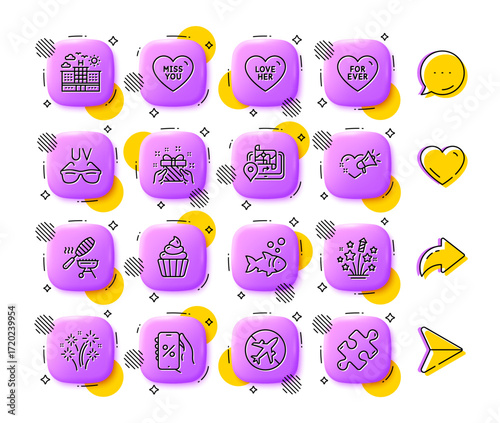 Love her, Miss you and Airplane mode line icons. App 3d buttons. Social media comment, share, like icons. Pack of Hotel, Sunglasses, Gps icon. Cupcake, Fish grill, Fish pictogram. Vector